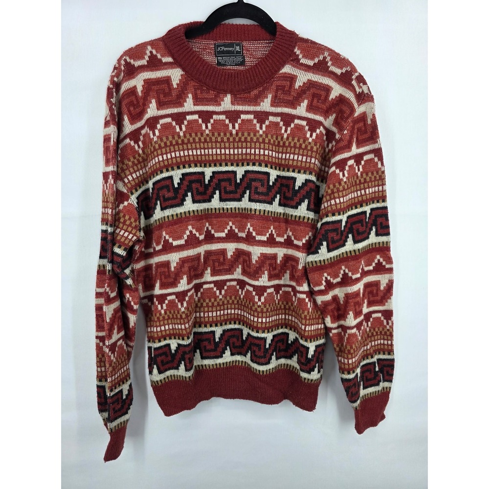 Vintage JCPenney Mens XL Southwestern Geometric Knit Sweater Red Wintuk Orlon